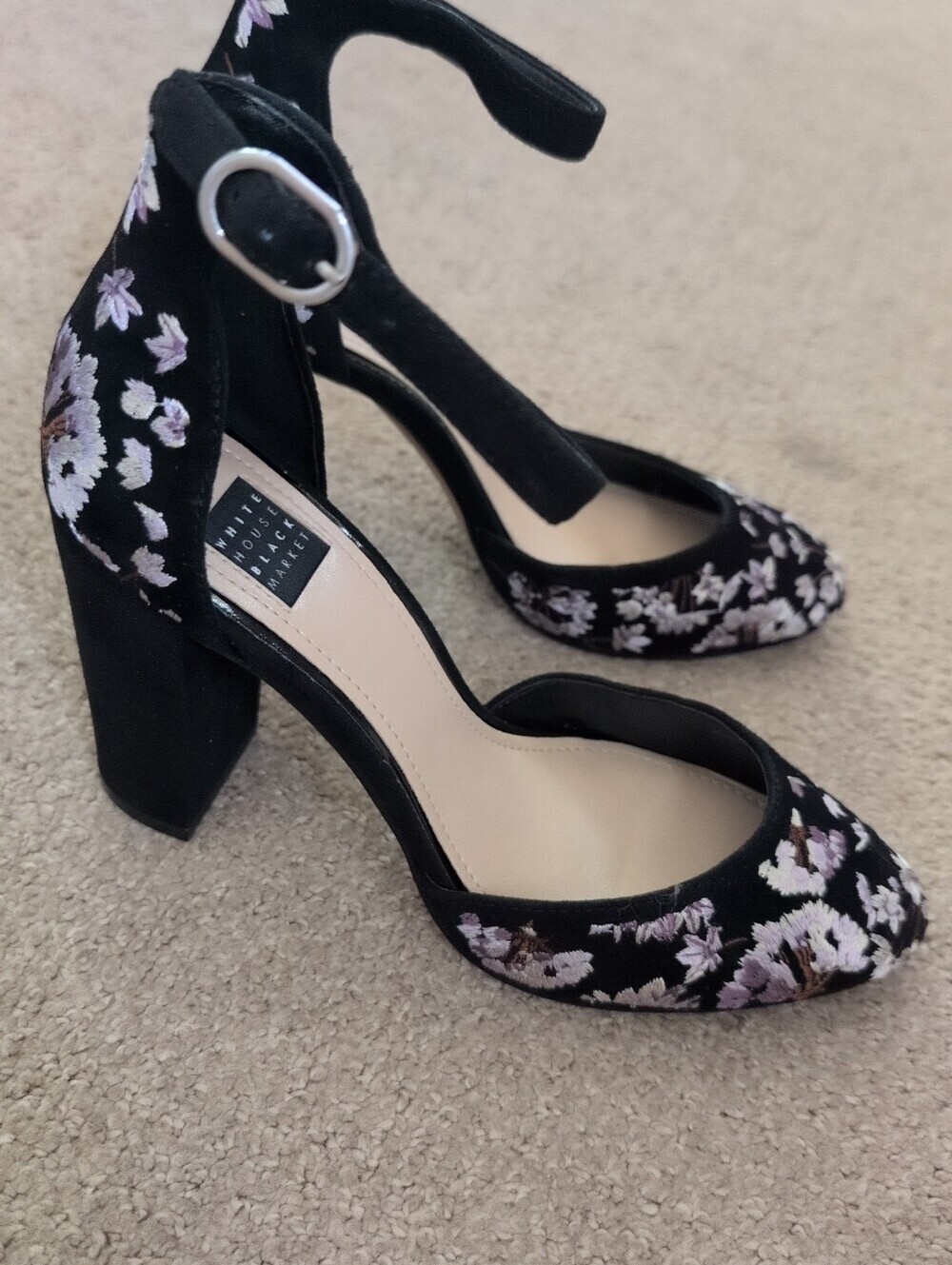 White House Black Market Embroidered Floral Suede Chunky Strapped Heels - Picture 5 of 5